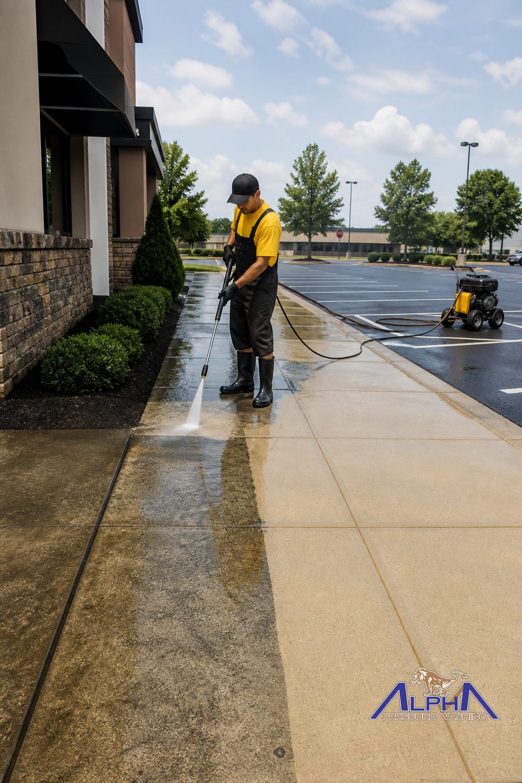 Pressure washing sidewalk and parking lot