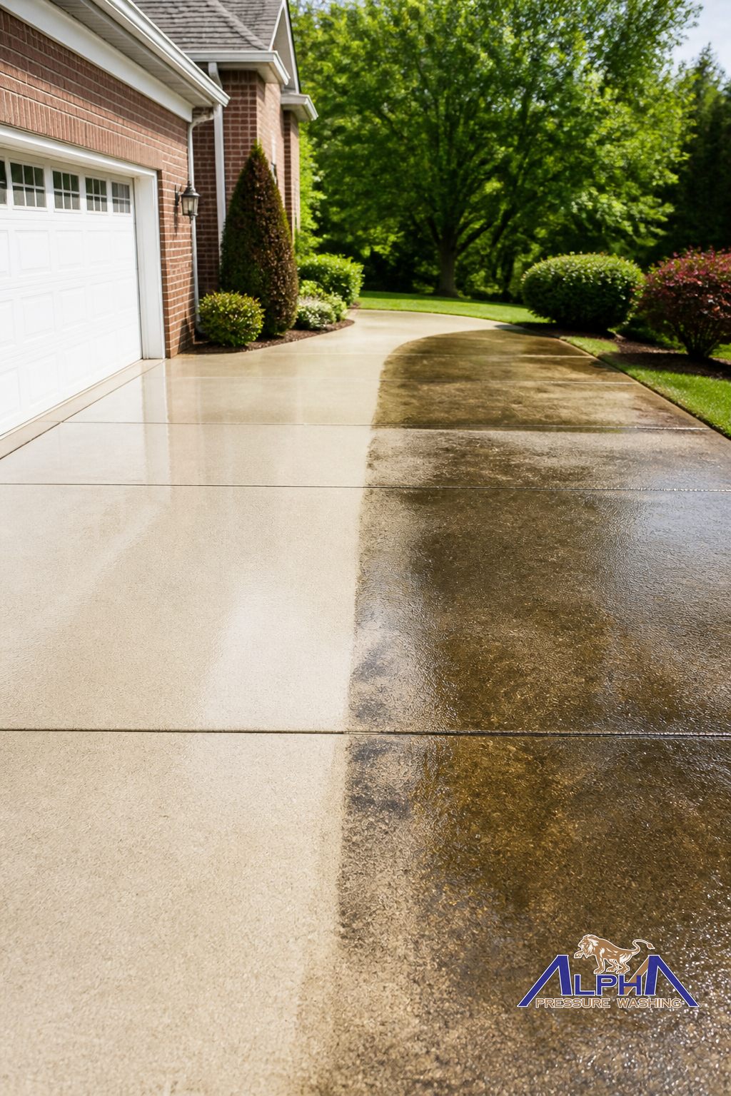 A clean driveway after pressure washing, showing the contrast between clean and dirty areas.